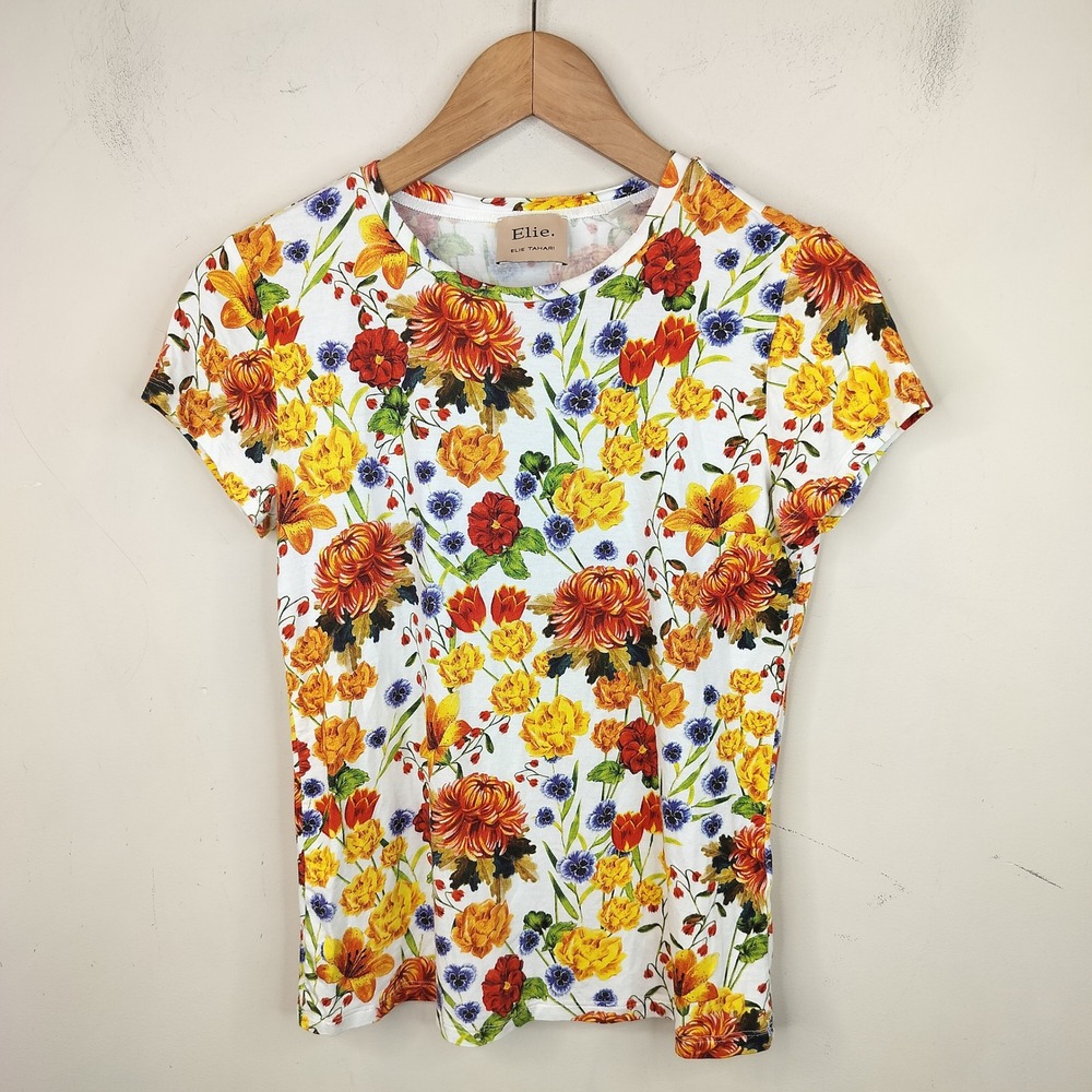 Elie Tahari Floral T-Shirt Small Colorful Vibrant Stretch Jersey Short Sleeve